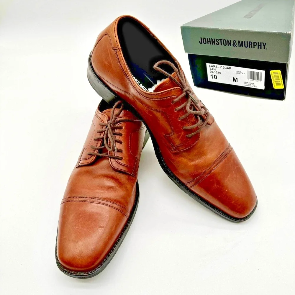 Johnston & Murphy Men's Brown Leather Larsey 2cap Oxford Dress Shoes 10M – & Box